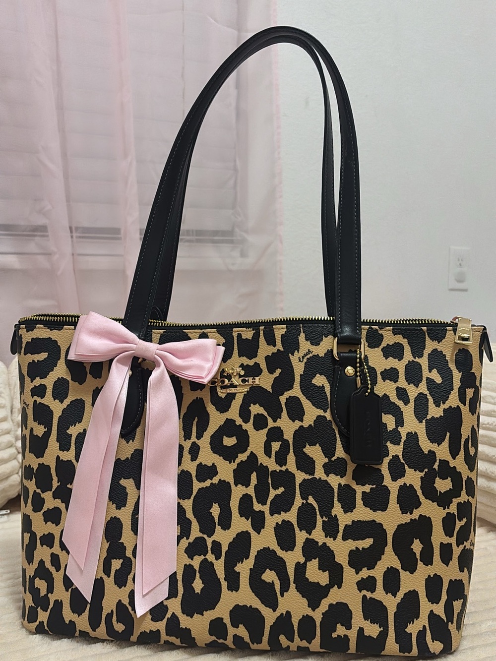 Coach Leopard-Print Tote with Pink Bow and Black Trim